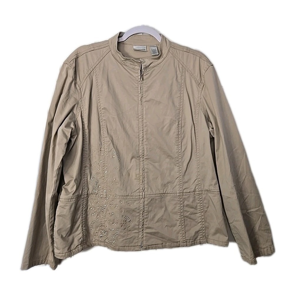 Chico's Womans Zipup Jacket Size 3 (XL) Tan With Rhinestones